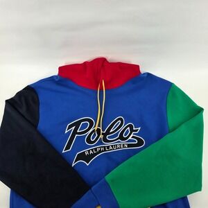 Polo Ralph Lauren Hoodie Mens XL Blue Red Color Block Y2K Spell Out‎ Pullover
